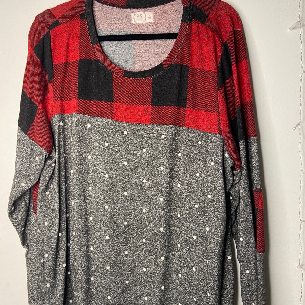 Long Sleeve Grey Polka Dot Buffalo Plaid Shirt